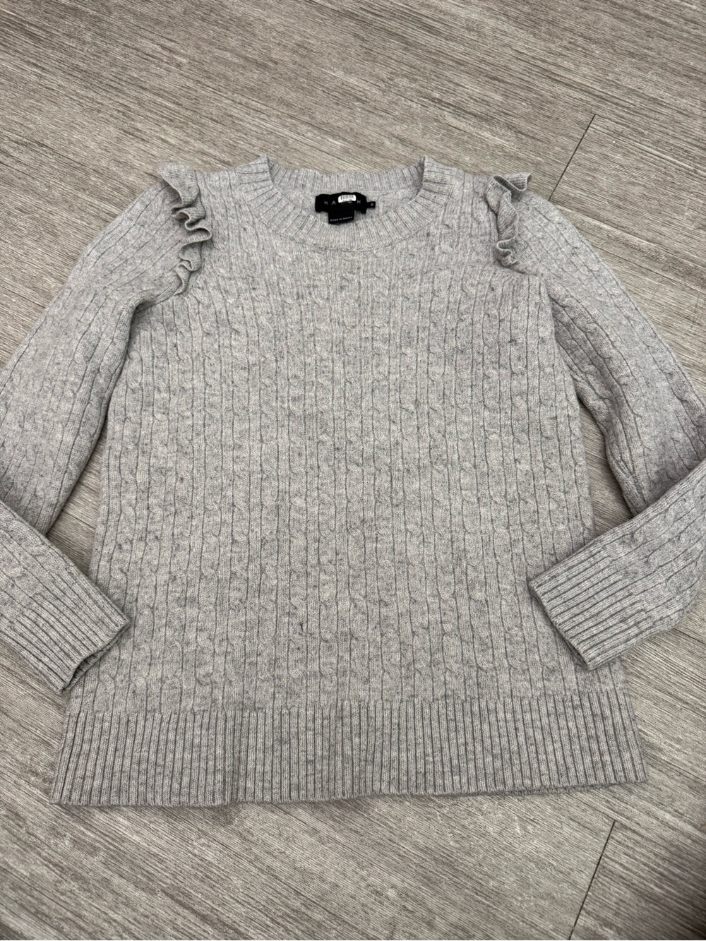 Hatch 100% Merino Wool Cable Knit Ruffle Shoulder Sweater Quiet Luxury Mom Core